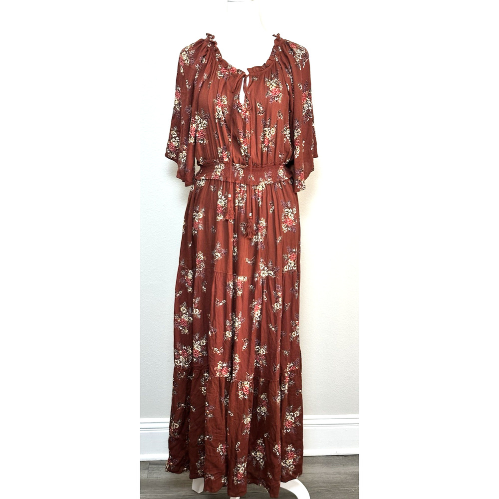 Angie Women’s Brown Floral Maxi Dress Boho Peasant Tiered Flowy Long‎ Dress (M)